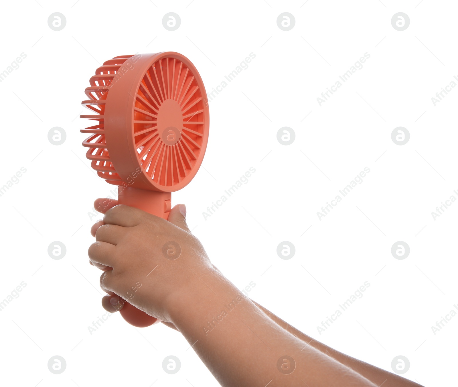 Photo of Little child with portable fan on white background, closeup. Summer heat