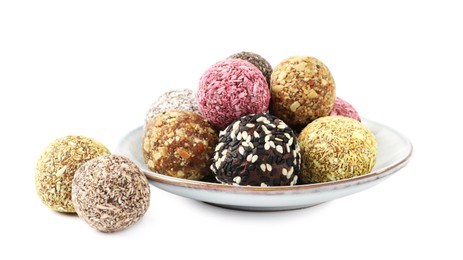 Photo of Different delicious vegan candy balls on white background