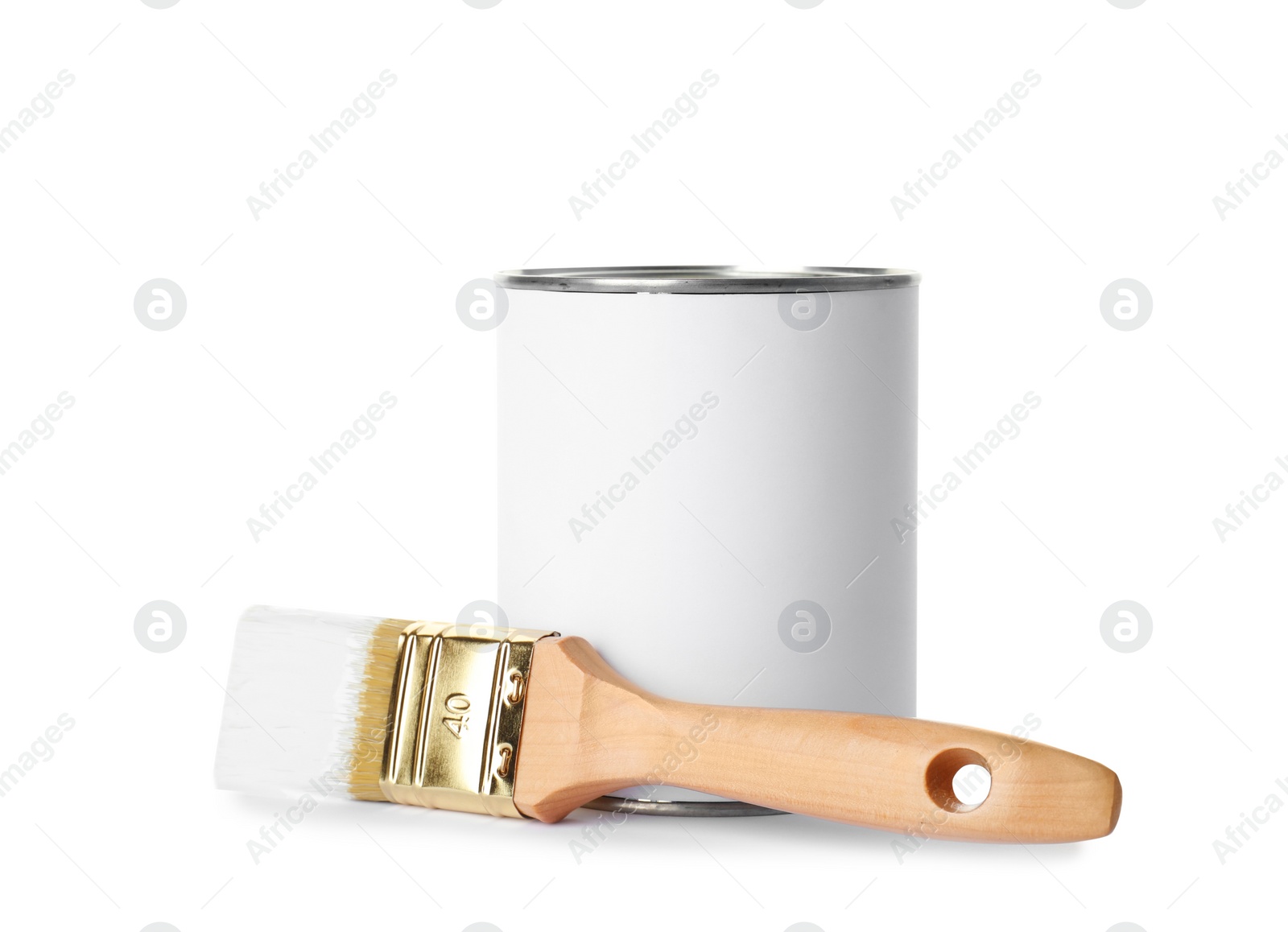 Photo of Paint can with brush on white background. Space for design