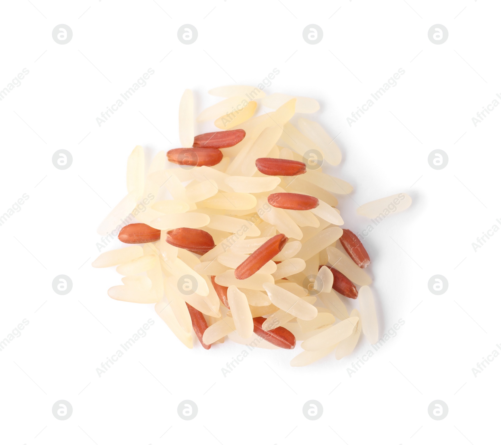 Photo of Mix of brown and polished rice isolated on white, top view