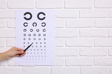Photo of Ophthalmologist pointing at vision test chart on white brick wall, closeup. Space for text
