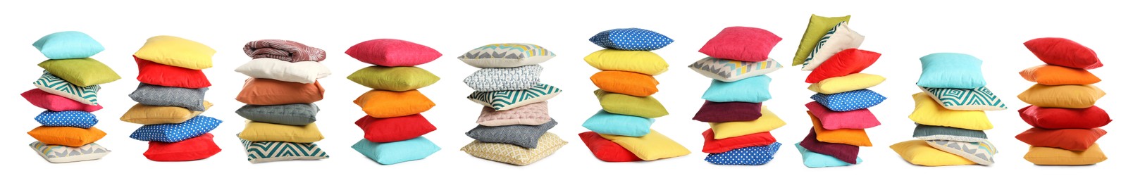 Image of Set with different stylish decorative pillows on white background. Banner design