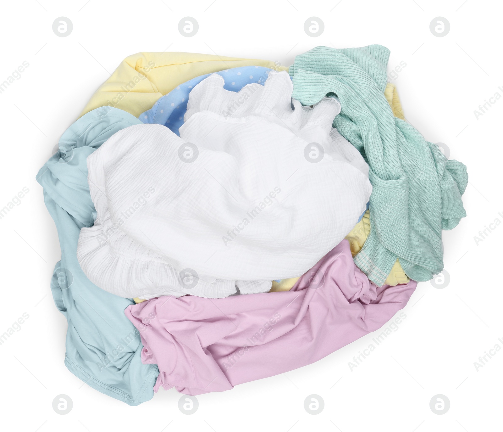 Photo of Pile of clothes isolated on white, top view