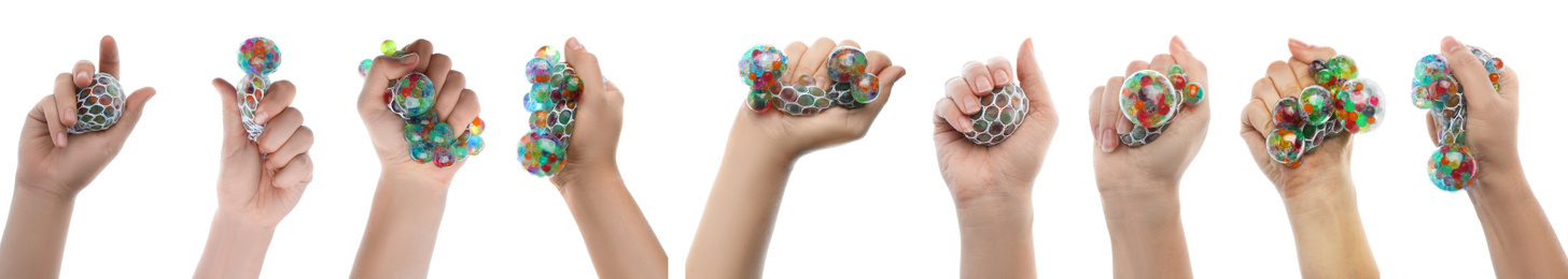 Collage of women squeezing antistress toy with water beads on white background, closeup