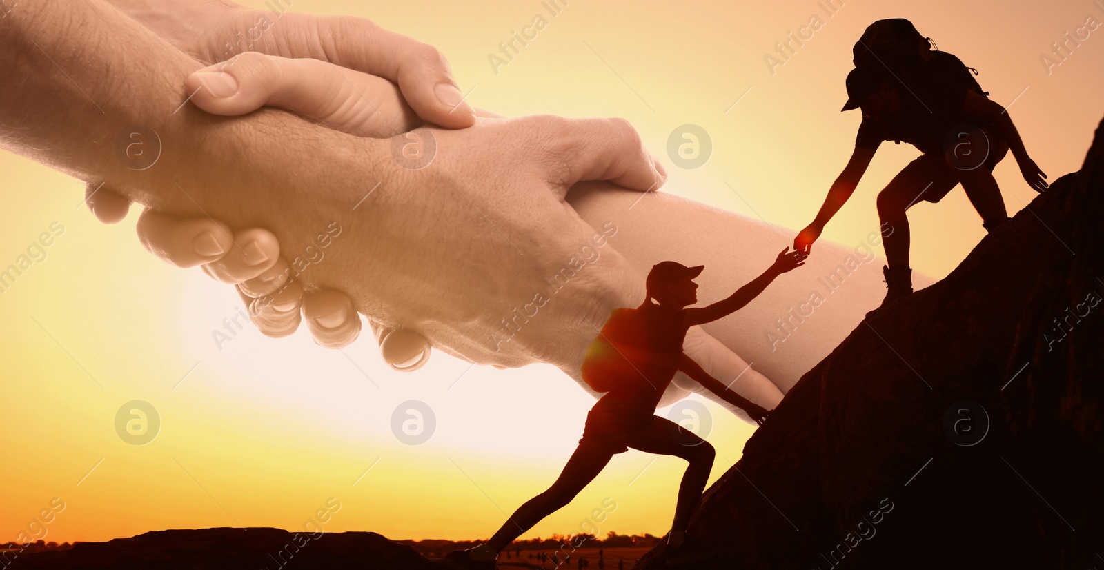 Image of Double exposure of people climbing up mountain and helping hand