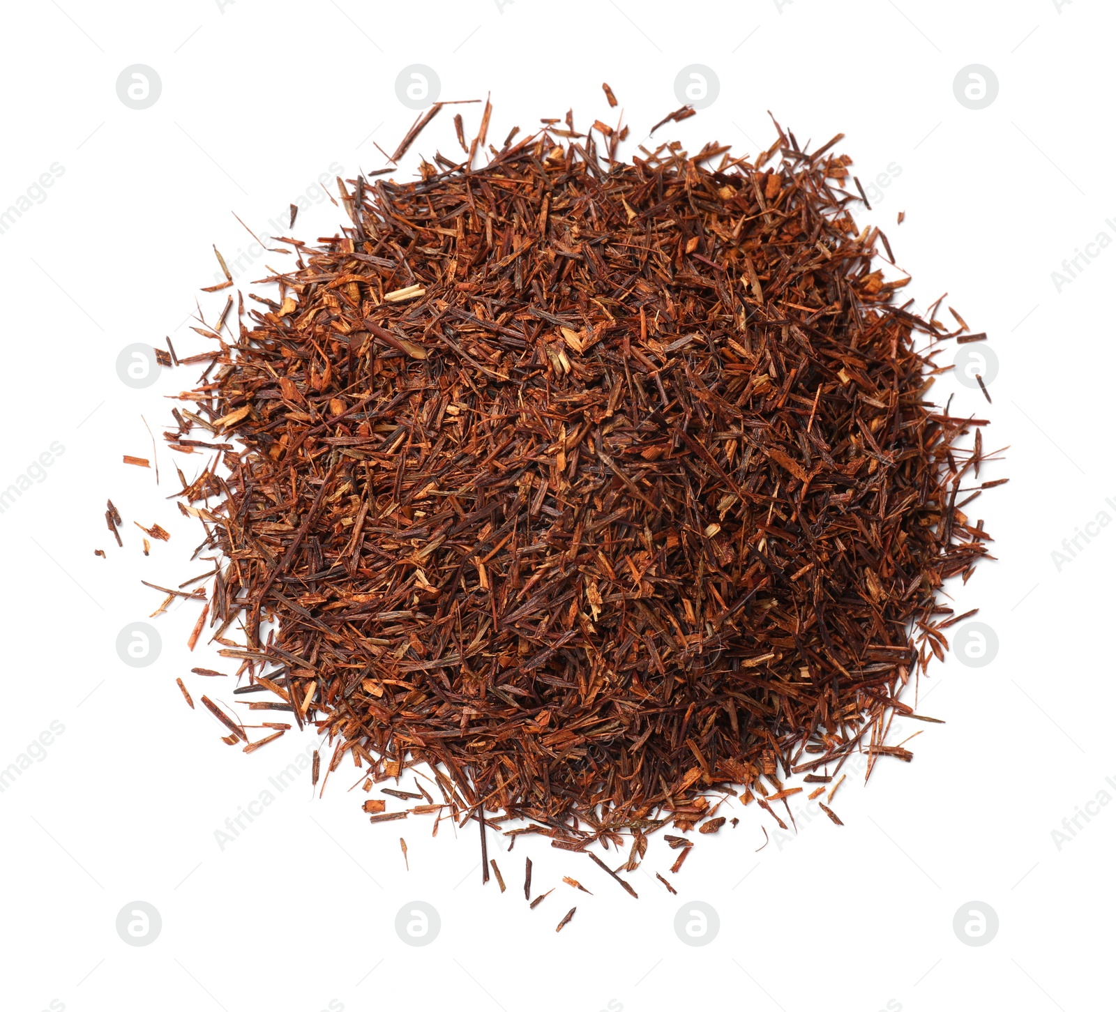 Photo of Heap of rooibos tea isolated on white, top view