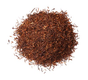 Photo of Heap of rooibos tea isolated on white, top view