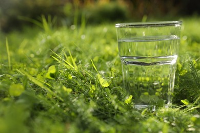 Glass of fresh water on green grass outdoors. Space for text