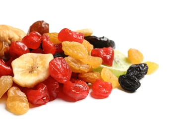 Photo of Different dried fruits on white background. Healthy lifestyle