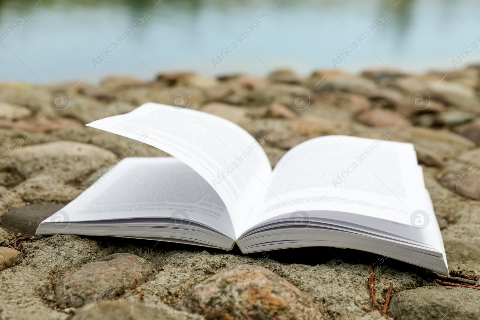 Photo of Open book on rocky shore near river