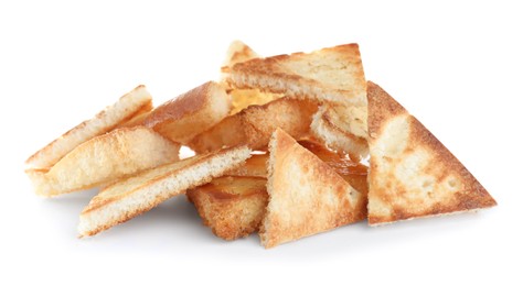 Delicious crispy pita chips on white background