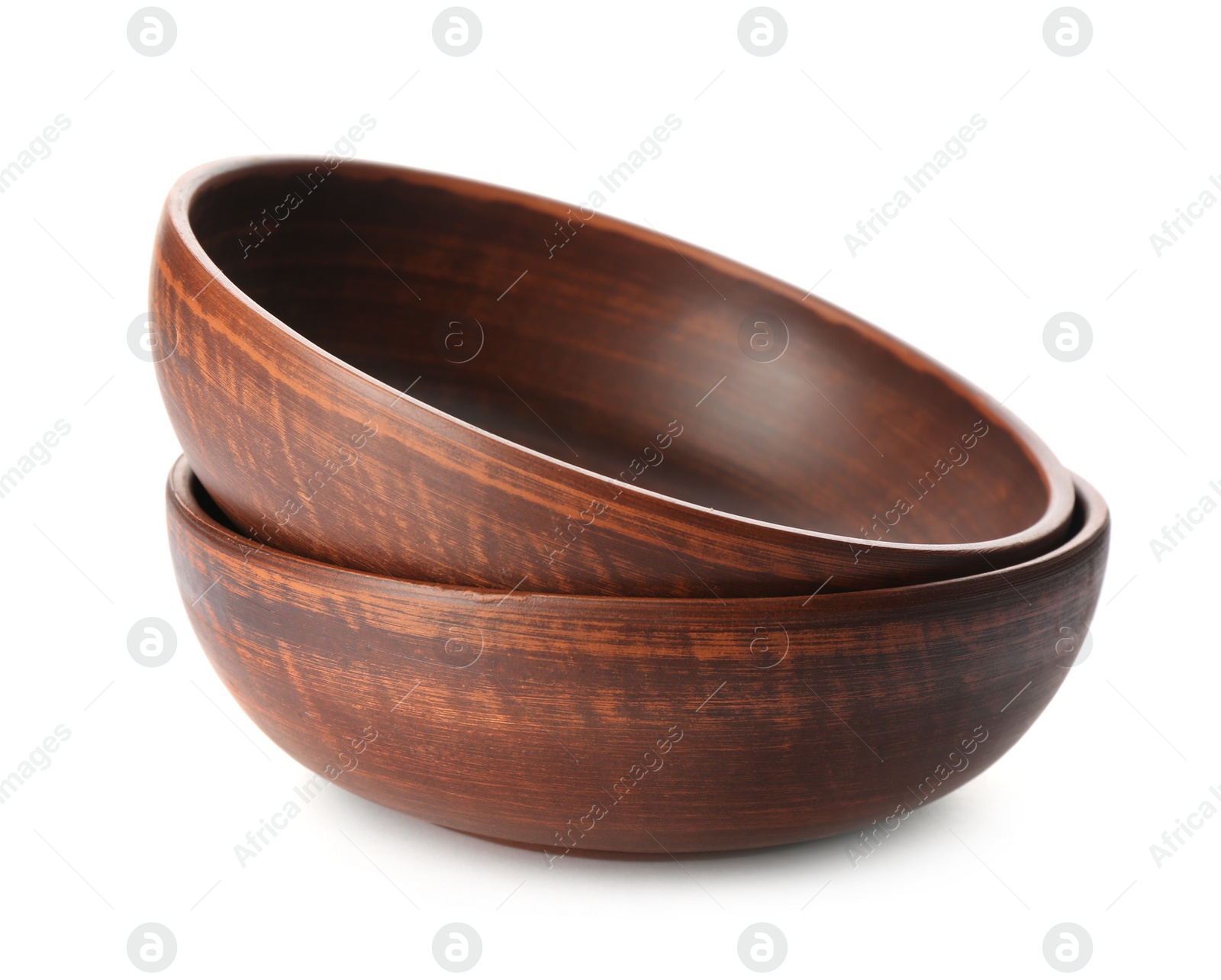 Photo of Stylish brown clay bowls on white background