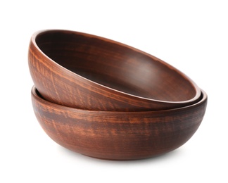 Photo of Stylish brown clay bowls on white background