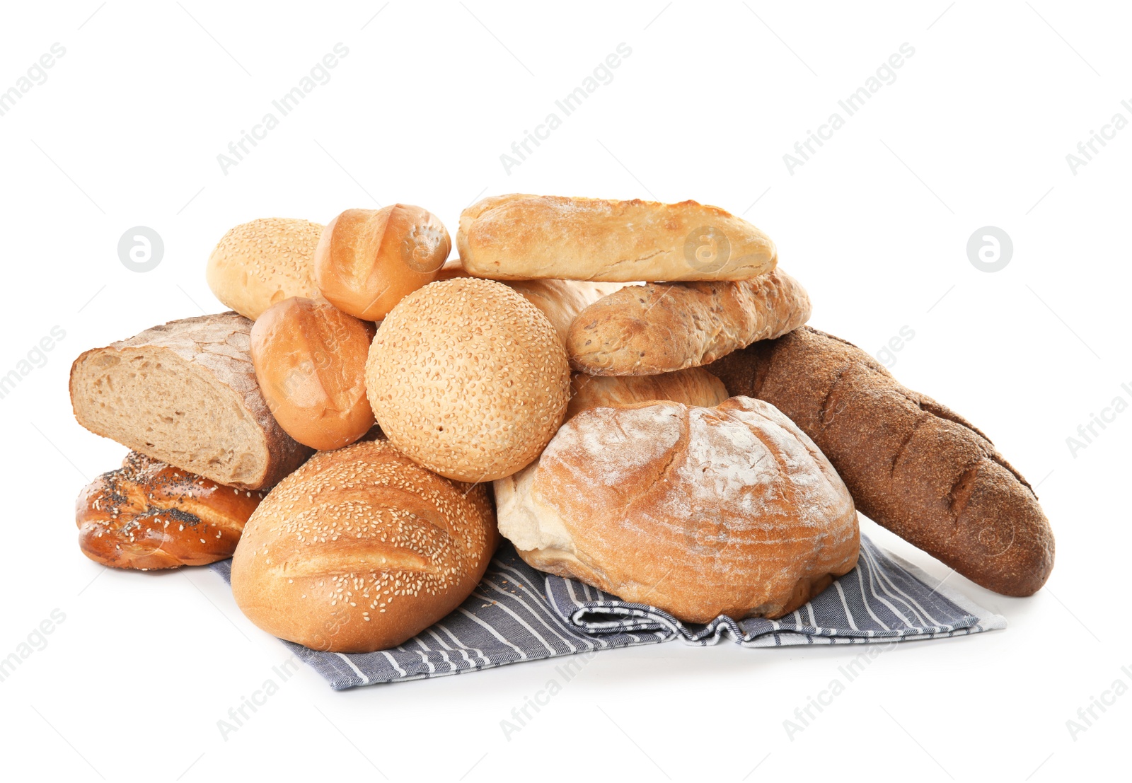 Photo of Different kinds of bread on white background