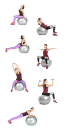 Image of Collage of women with fitball doing exercises on white background