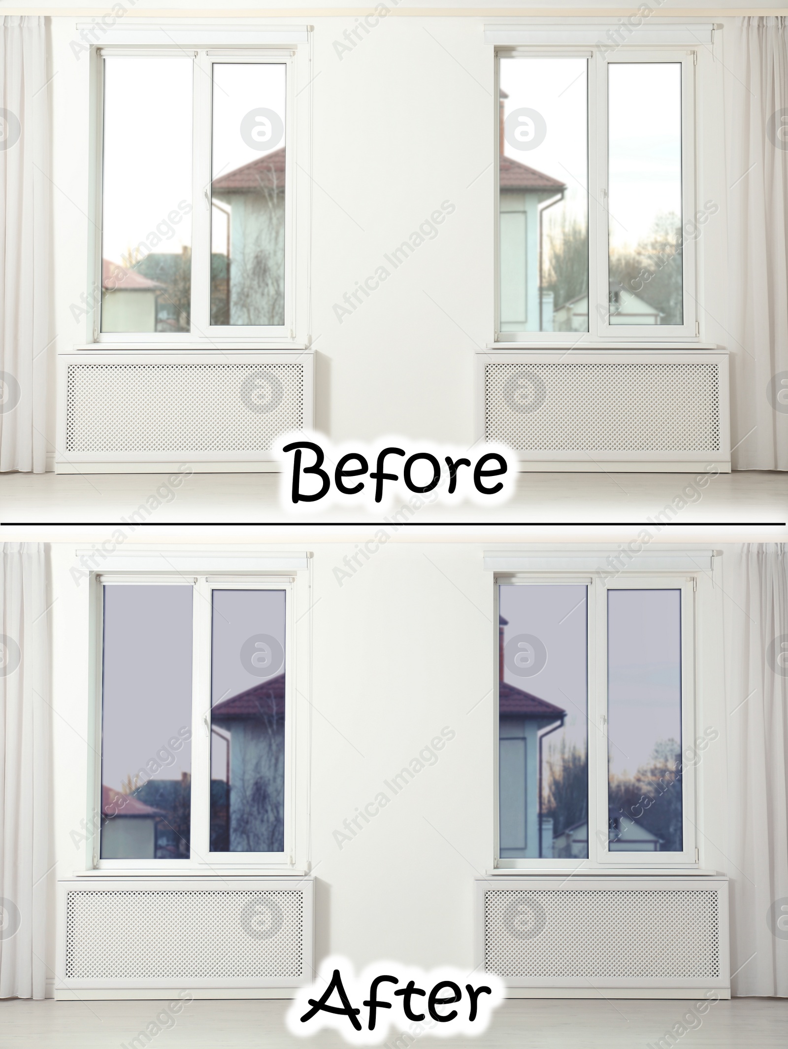 Image of Empty room with windows before and after tinting