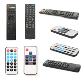 Image of Collage of different remote controllers on white background, top and side views