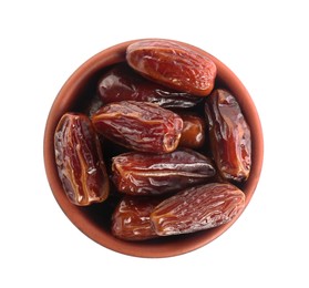Photo of Sweet dried dates in bowl on white background, top view