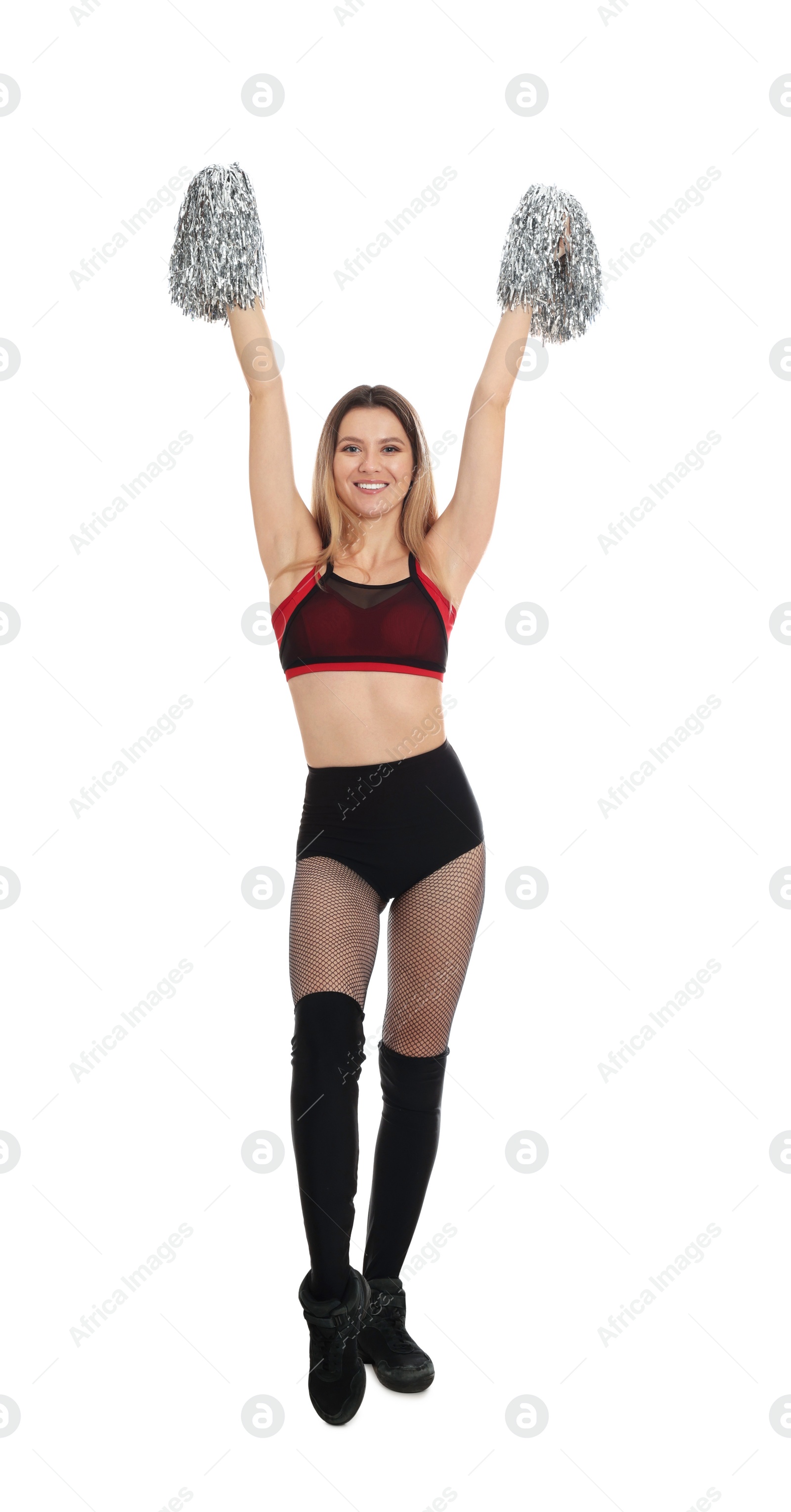 Photo of Beautiful cheerleader in costume holding pom poms on white background