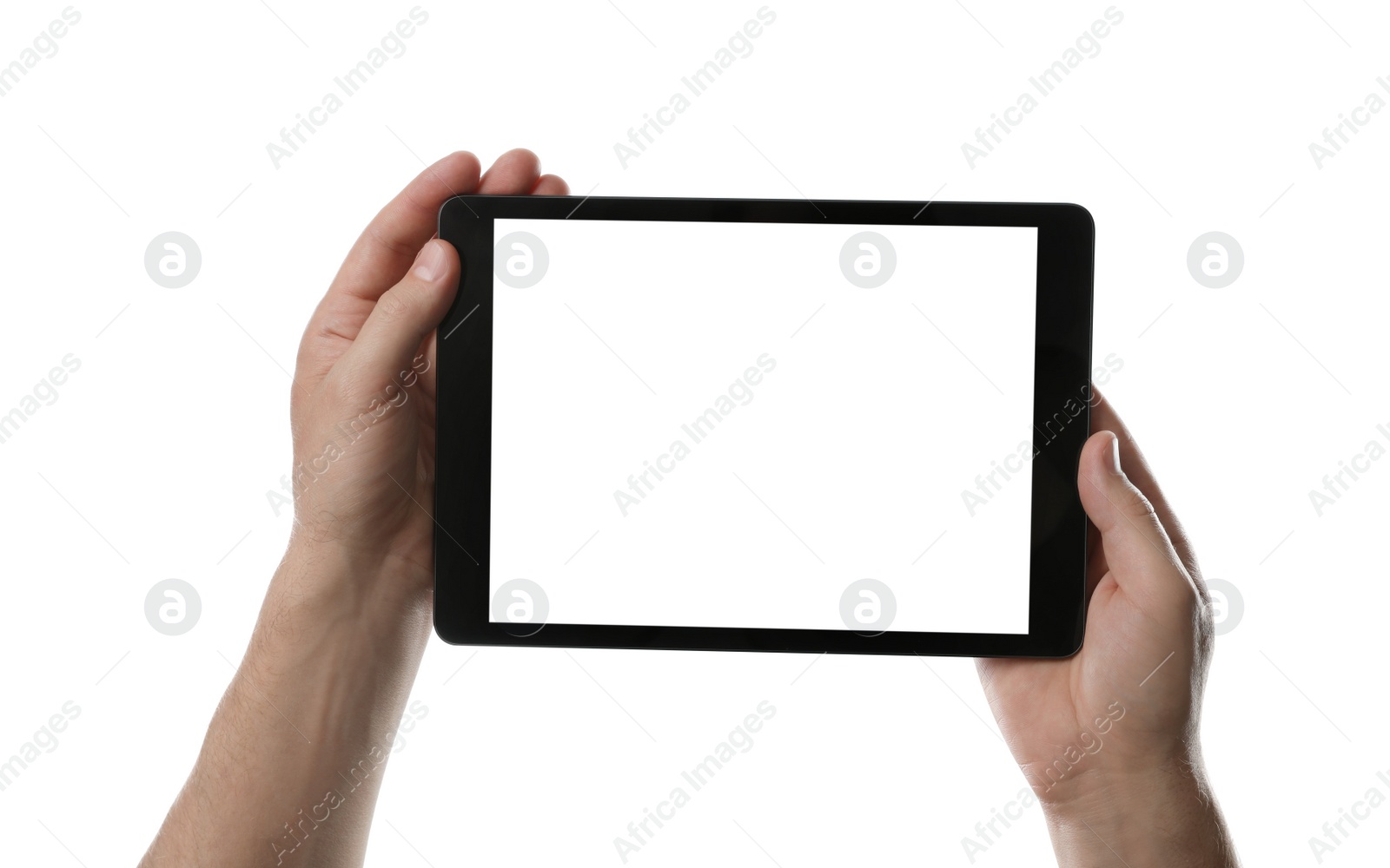 Photo of Man holding tablet computer with blank screen on white background, closeup. Modern gadget
