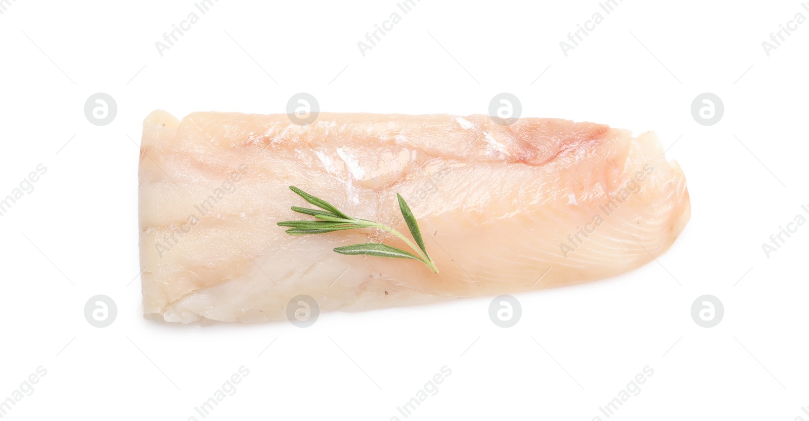 Photo of Piece of raw cod fish and rosemary isolated on white, top view