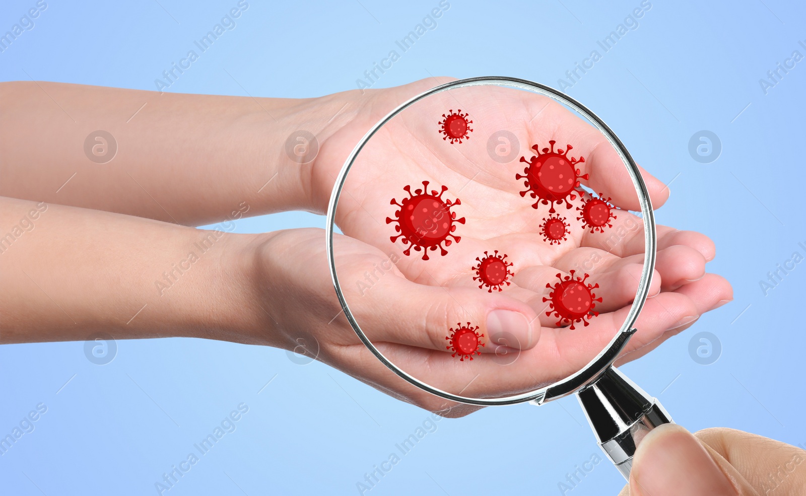 Image of Woman detecting bacteria with magnifying glass on blue background, closeup. Prevention disease