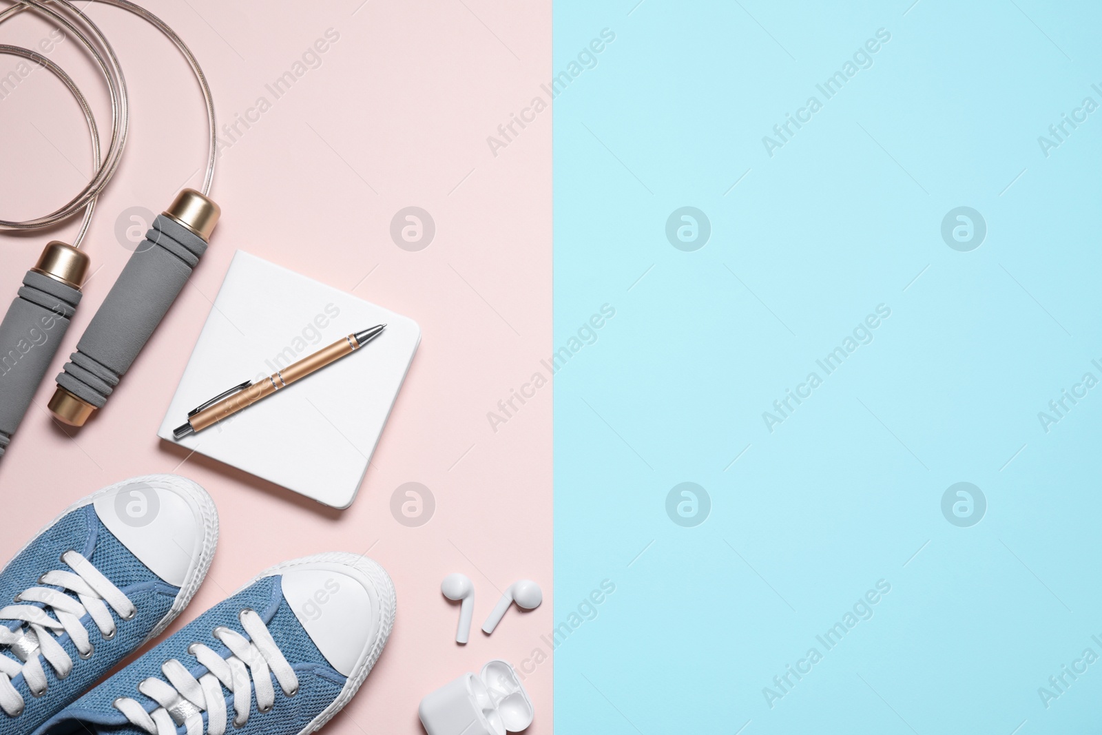 Photo of Flat lay composition with gumshoes on color background. Space for text