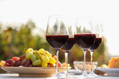 Red wine and snacks served for picnic on white wooden table outdoors