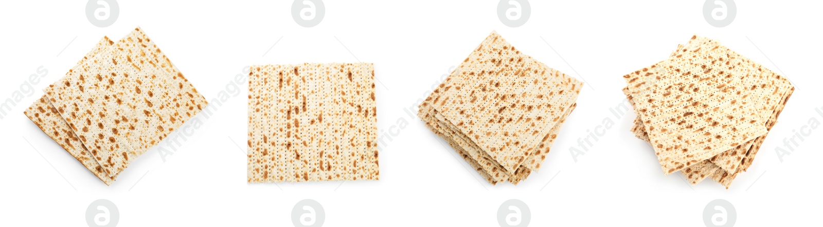 Image of Set with Passover matzos on white background, top view. Pesach celebration