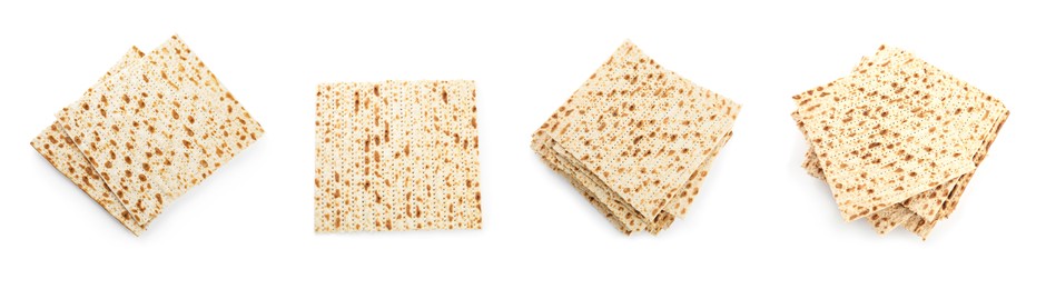 Image of Set with Passover matzos on white background, top view. Pesach celebration