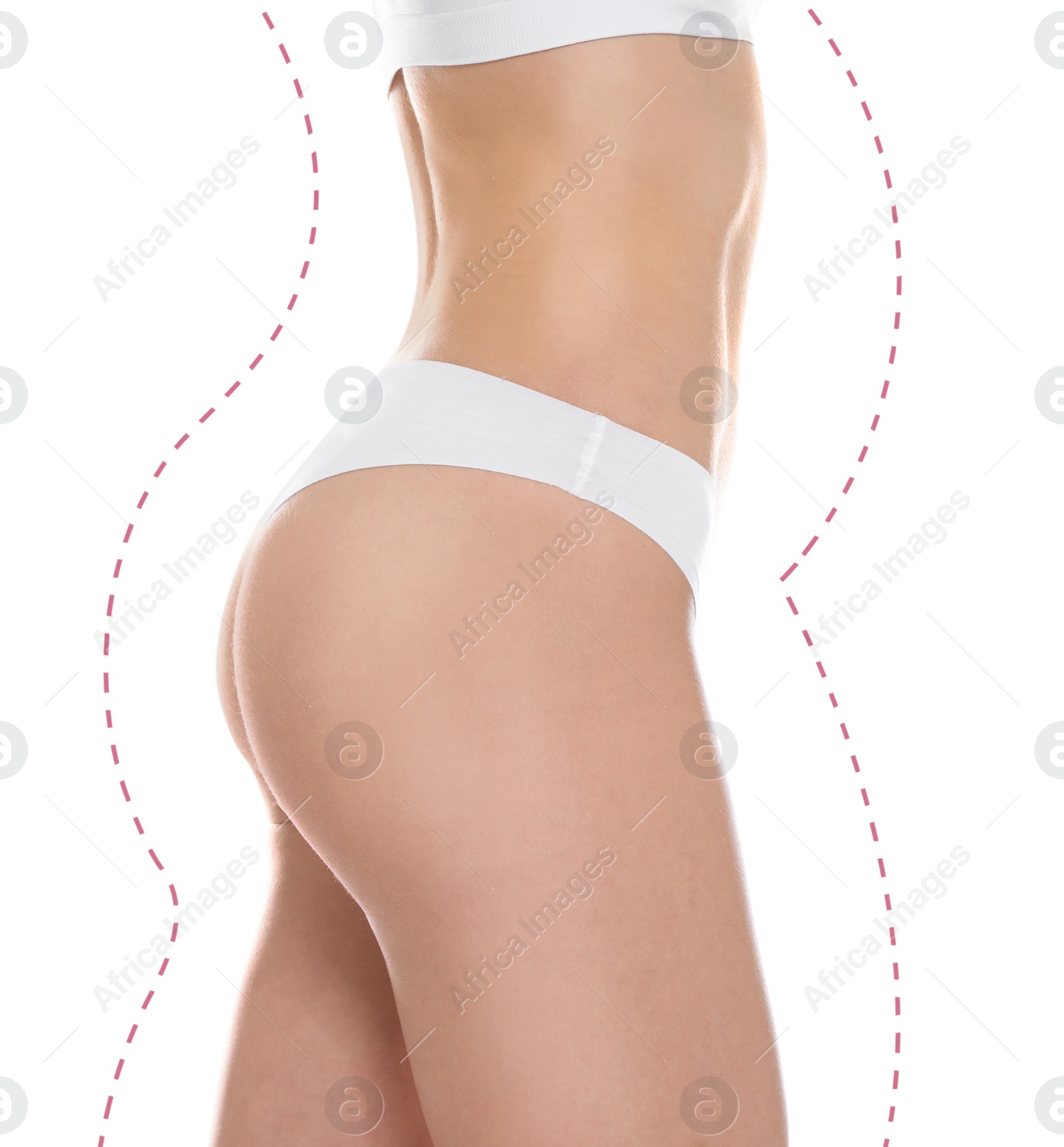 Image of Slim woman in underwear after weight loss on white background. Healthy diet