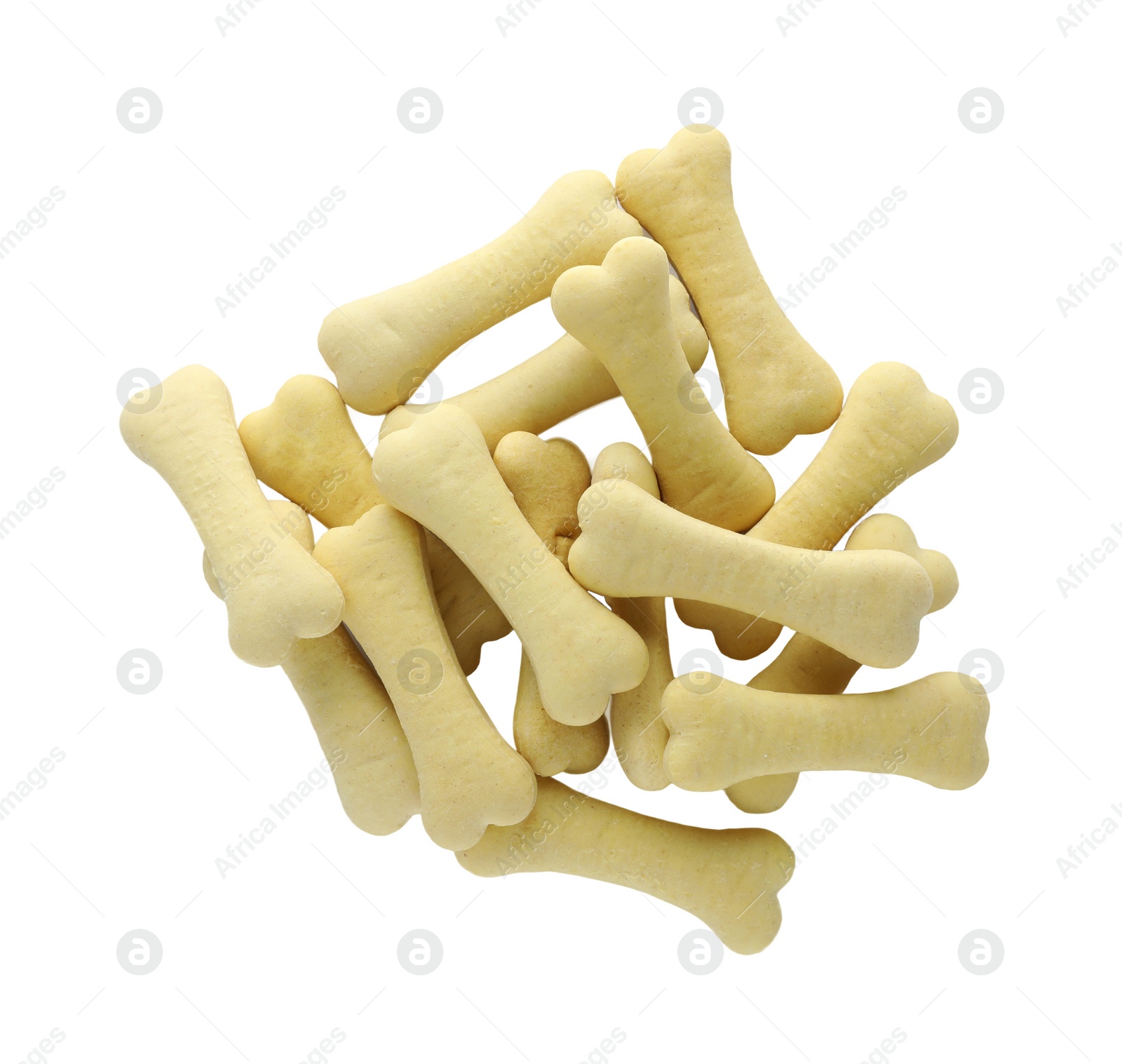 Photo of Bone shaped dog cookies on white background, top view