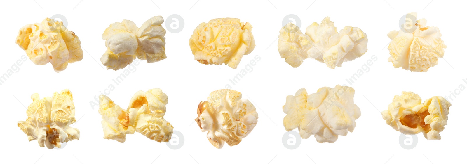 Image of Tasty popcorn. Many popped kernels isolated on white