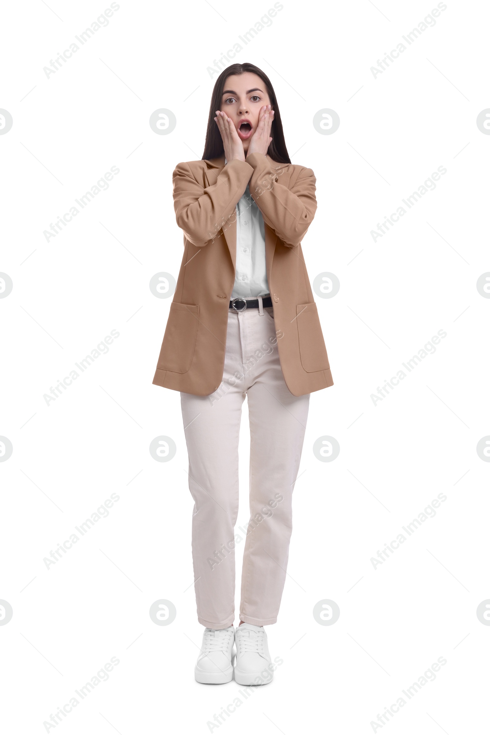 Photo of Emotional young businesswoman in suit on white background