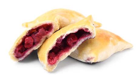 Photo of Tasty samosas with berry filling isolated on white