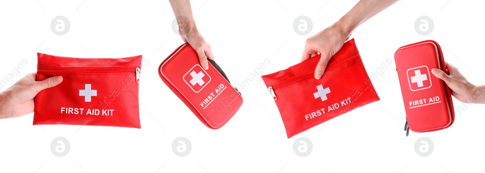 Image of Collage with photos of woman holding first aid kits on white background, closeup