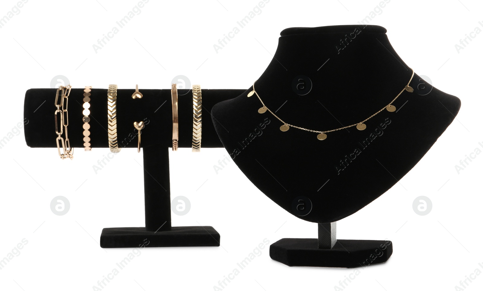 Photo of Different display stands with stylish jewelry on white background