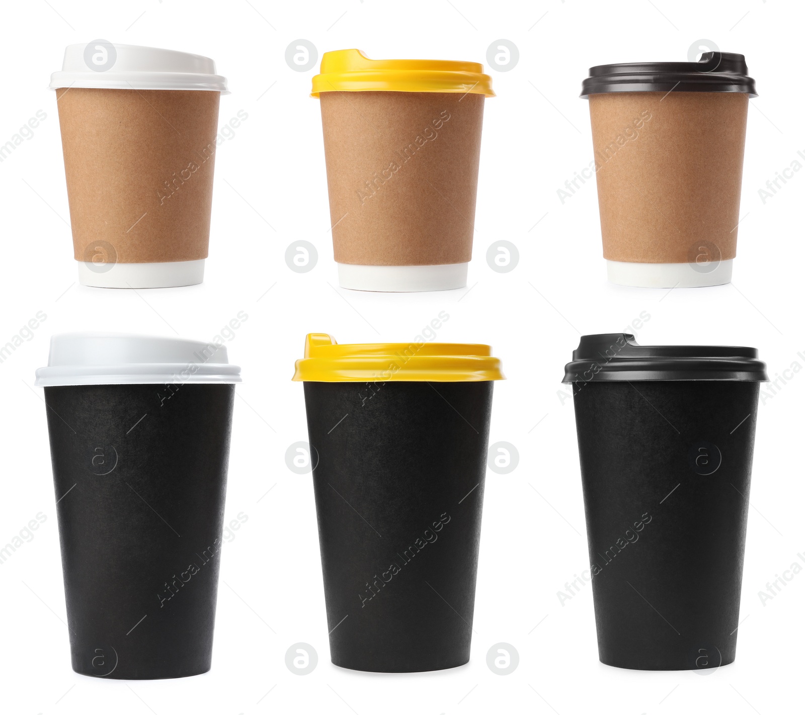 Image of Set of paper coffee cups on white background