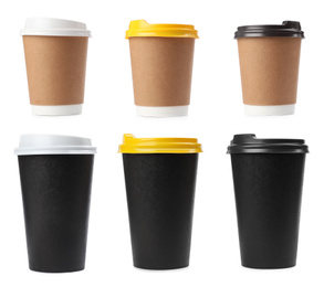 Image of Set of paper coffee cups on white background