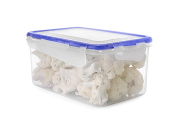 Plastic container with different fresh cut cauliflower isolated on white