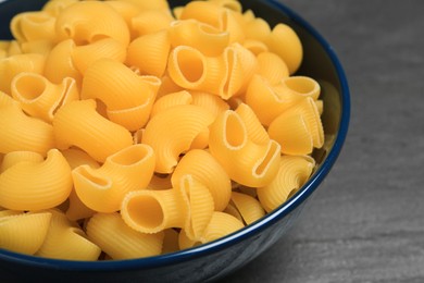 Photo of Raw macaroni pasta in bowl on grey table, closeup