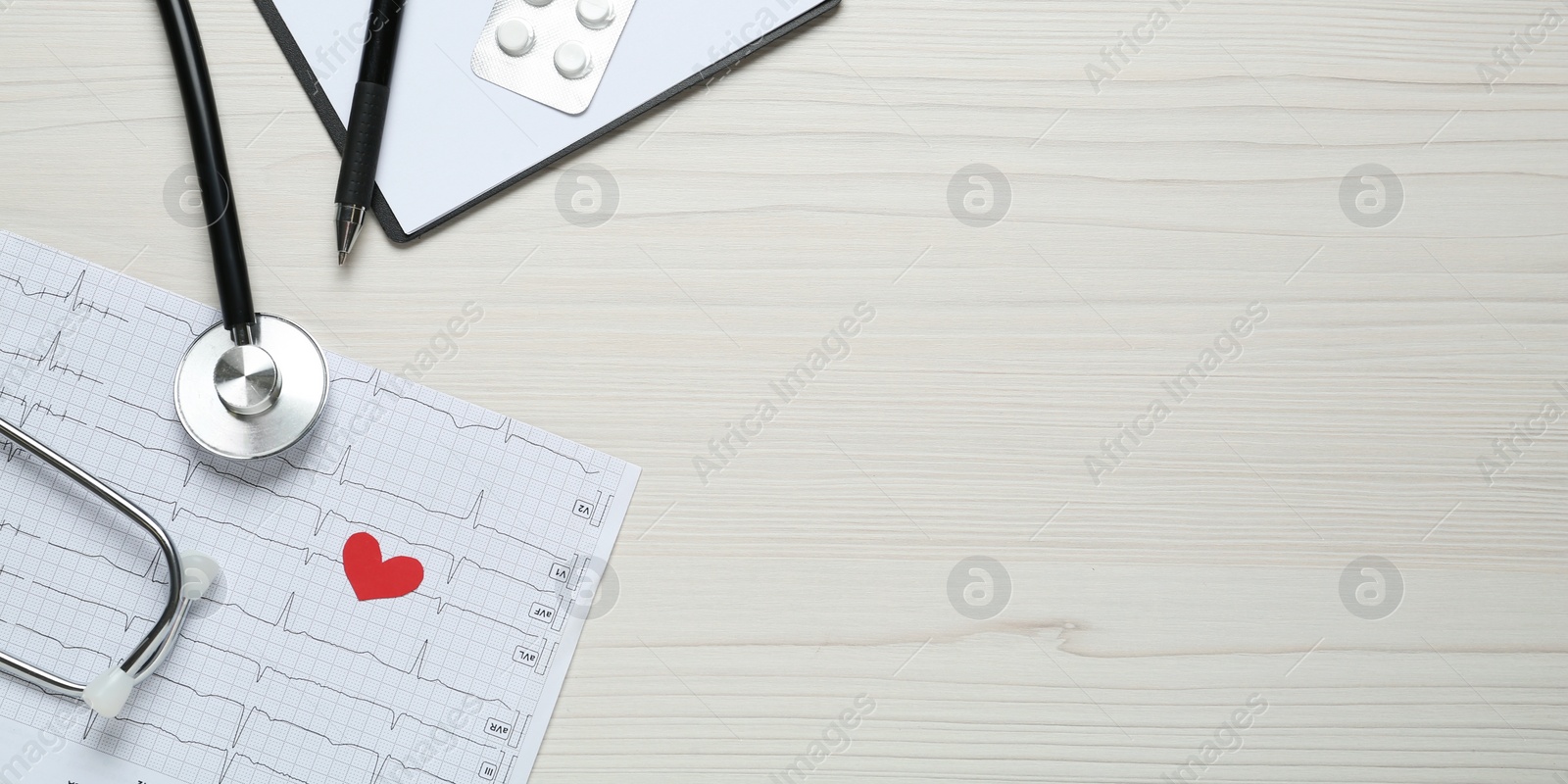 Photo of Flat lay composition with cardiogram report and stethoscope on white wooden background, space for text