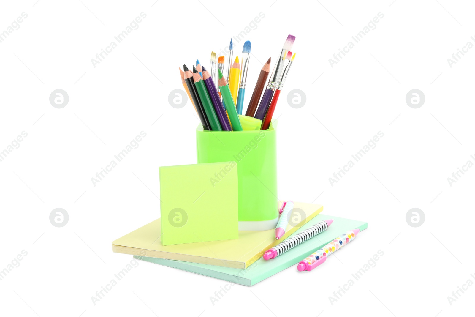 Photo of Set of colorful school stationery on white background