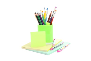 Photo of Set of colorful school stationery on white background