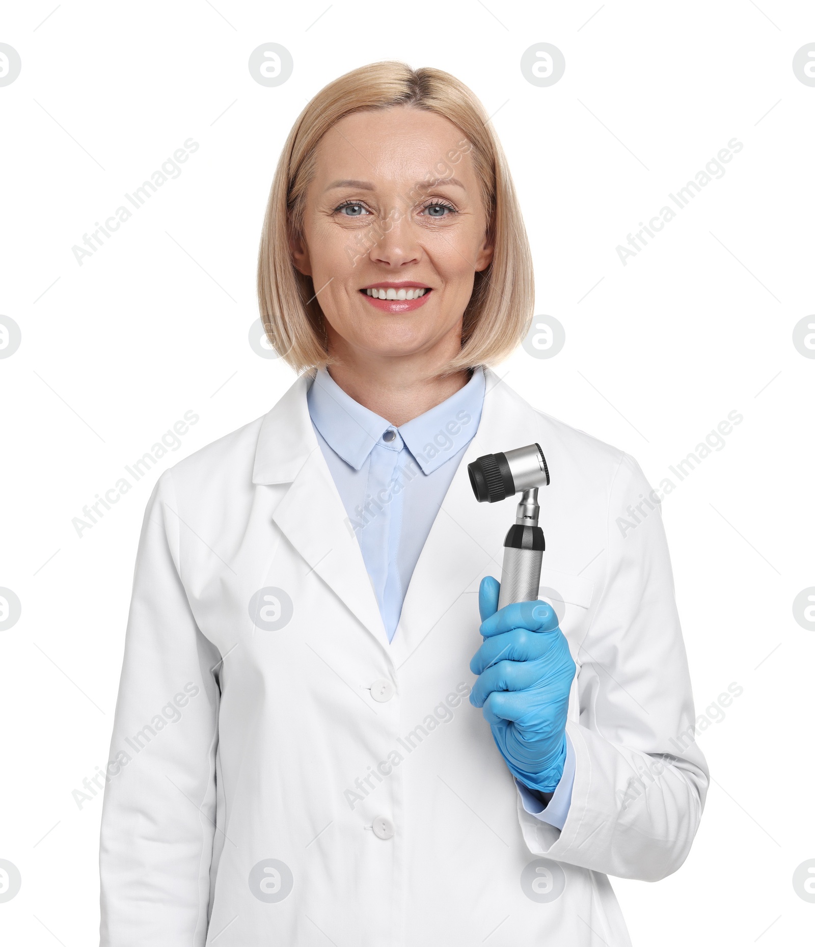 Photo of Happy dermatologist with dermatoscope isolated on white