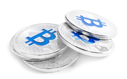 Pile of bitcoins isolated on white. Digital currency