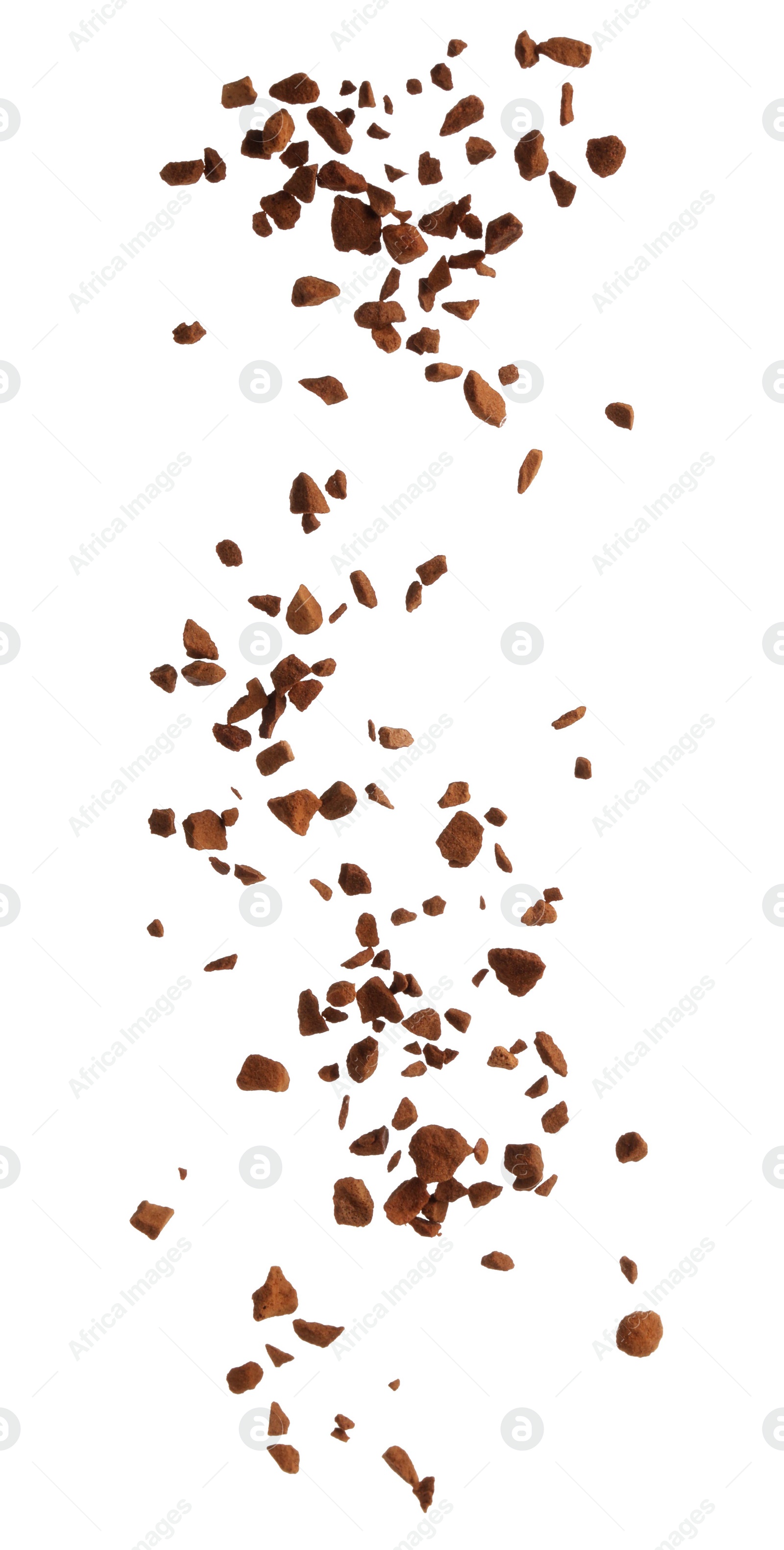 Photo of Pouring aromatic instant coffee on white background