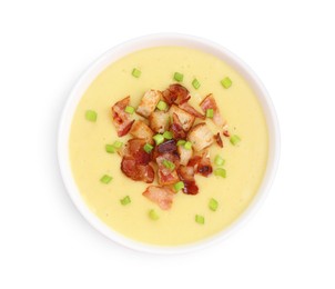 Photo of Tasty potato soup with bacon, croutons and green onion in bowl isolated on white, top view