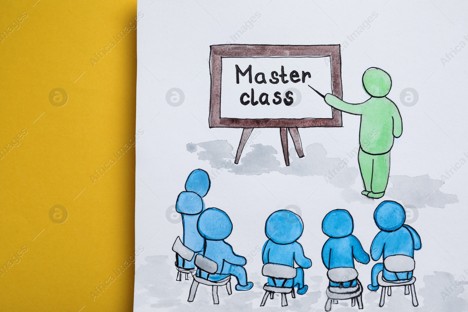 Photo of Drawing of teacher, students and words Master Class on yellow background, top view