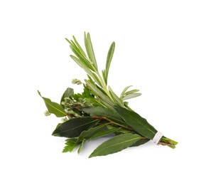 Bundle of aromatic bay leaves and different herbs isolated on white